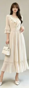 คนหุ่นผอมใส่ชุด Issey เดรสสีครีม